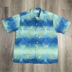 Tommy Bahama Mens‎ L Silk Button Up Shirt Hawaiian Blue Colorful Camp Collar